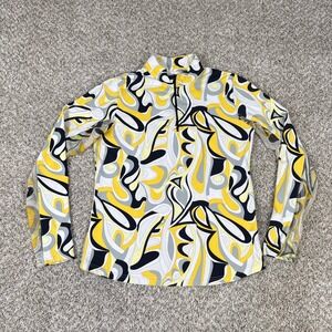 Icikuls Quarter Zip Pullover Womens Small Yellow Abstract Swirl Mesh Sleeve Top